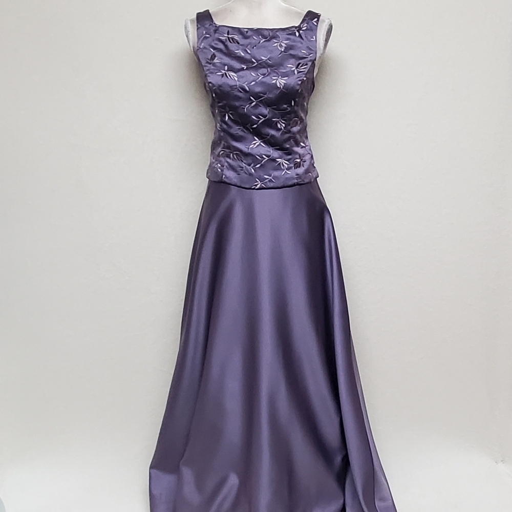 80s Vintage Royal Purple Floral Embroidered Boatneck A-line Two-Piece Maxi Dress - Picture 4 of 14